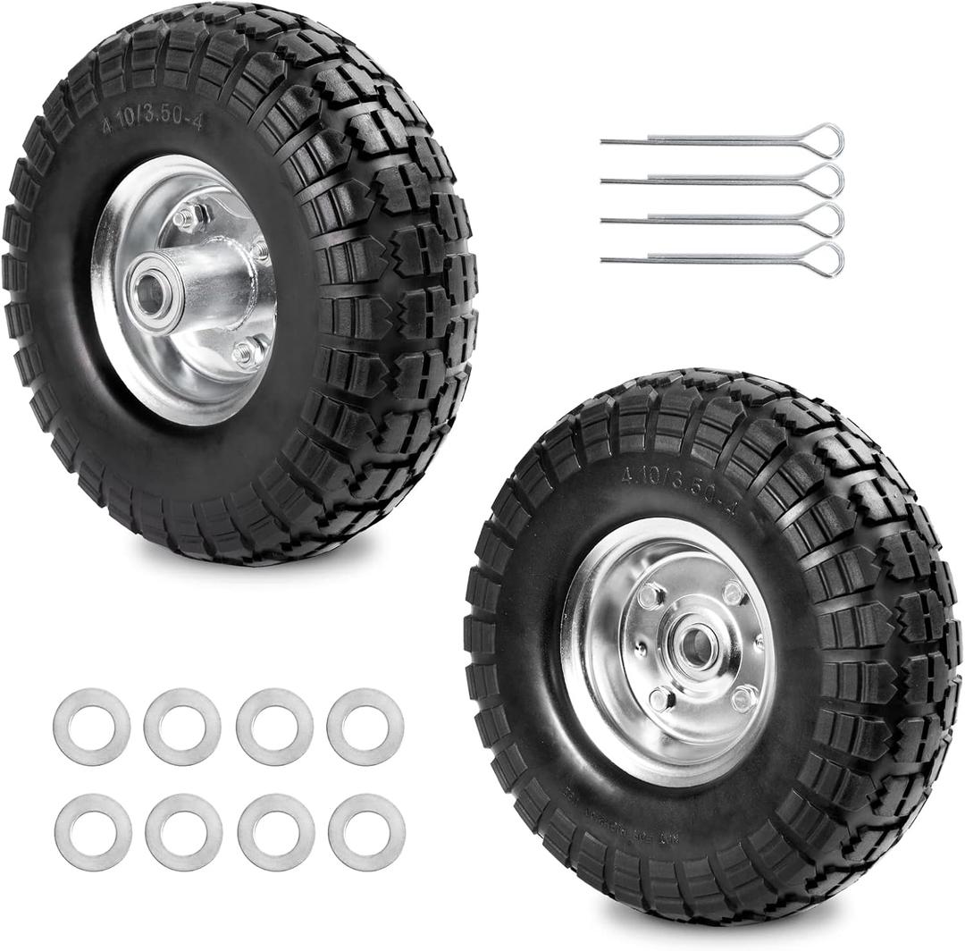 LTNICER 4.10/3.50-4 Tire Wheels Flat Free 10" Heavy Duty Solid Flat-Free Replacement Tire with 5/8 Axle Compatible with Gorilla Carts, Wheelbarrow, Dolly, Hand Truck (2-Pack)