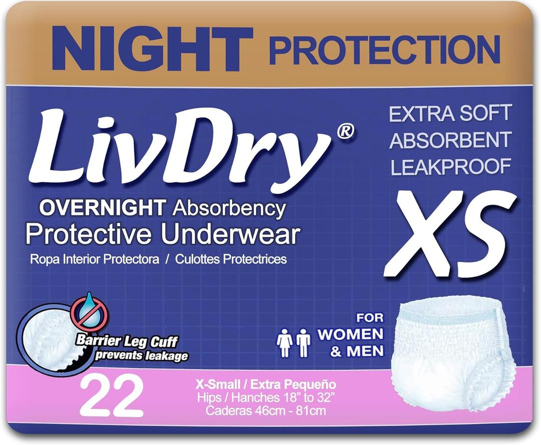 LivDry Adult XS Incontinence Underwear, Overnight Comfort Absorbency, Leak Protection, X-Small, 22-Pack (X-Small (22 Count))