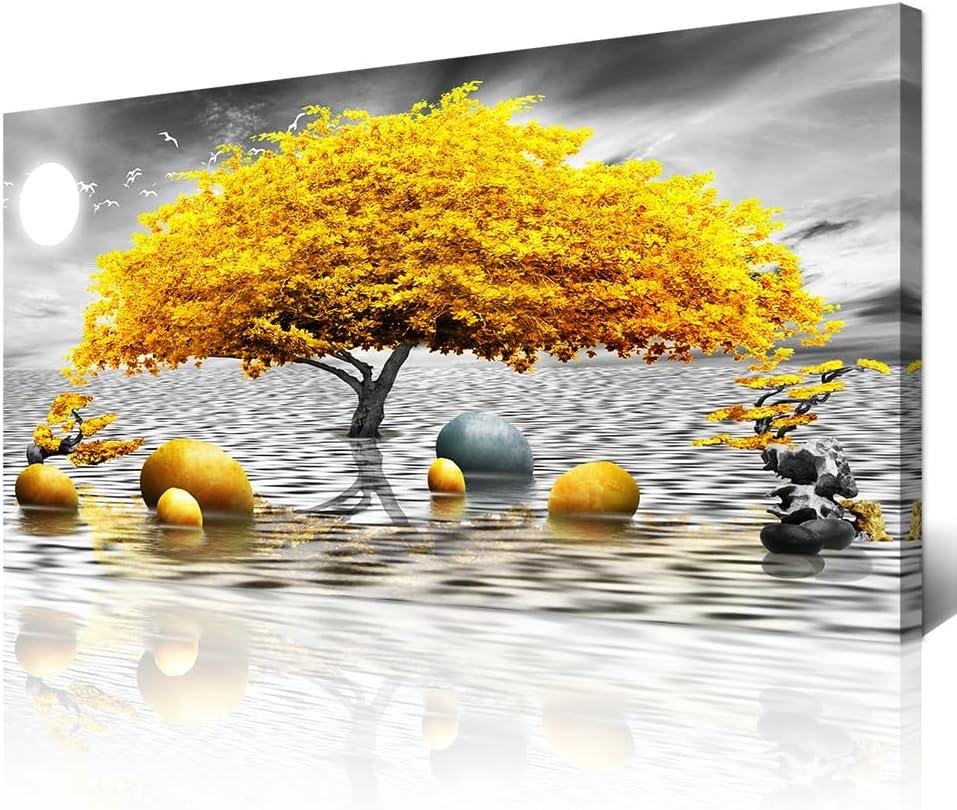Wapluam Large Canvas Wall Art for Living Room Office Bedroom Decor - Black and White Framed Painting With Yellow Tree View - Home Decoration Artwork Prints 24"X48"