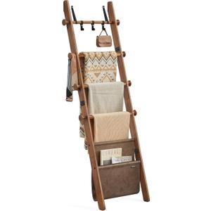 VASAGLE Blanket Ladder for Living Room, 5-Tier Wooden Ladder Shelf, Decorative Farmhouse Blanket Rack with Synthetic Leather Bag, Metal Hooks, Side Hooks, for Bedroom, Caramel Brown ULLS022K01