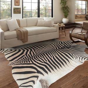 Zebra Rug 4.6x5.2 ft Area Rugs Beige and Brown Rug Funky Area Rugs for Bedroom Living Room Dining Room Kitchen Bathroom Animal Rug Non-Slip-No Fur