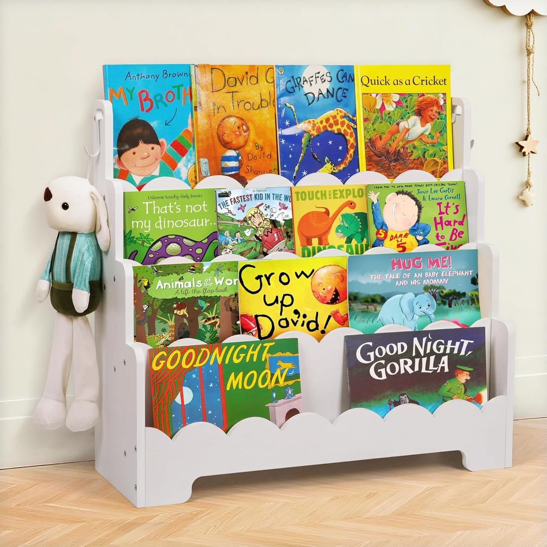 Kids Bookshelf Wooden 4-Tier, Scalloped Book Shelf for Kids Rooms, Front Facing Toddler Montessori Bookshelf, Baby Nursery Book Shelves Kid Classroom Book Shelf Bookcase (White)