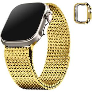 Fullmosa Compatible Apple Watch Bands Ultra/Ultra 2 49mm for Women Men, Stainless Steel Mesh Loop Magnetic Clasp iWatch Band with TPU Case for Apple Watch, Golden