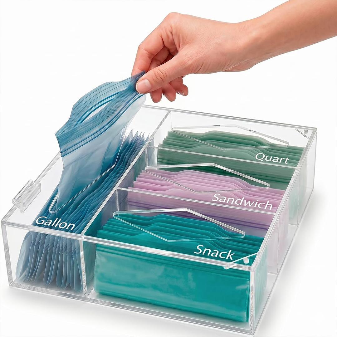 Food Storage Bag Organizer for Kitchen Drawer & Wall Mount – Clear Storage Organizer Compatible with Gallon, Quart, Sandwich & Snack Bags – Acrylic Baggie Organizer Holder (Clear)