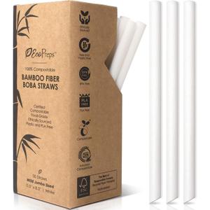 Biodegradable Jumbo Smoothie Straws, Bamboo Fiber Boba Straws - 50 PCS, Extra Wide, 100% Compostable, Plastic-Free, Eco-Friendly Large Wide-Mouthed Straw - 8.25" Long Bamboo Disposable Straw