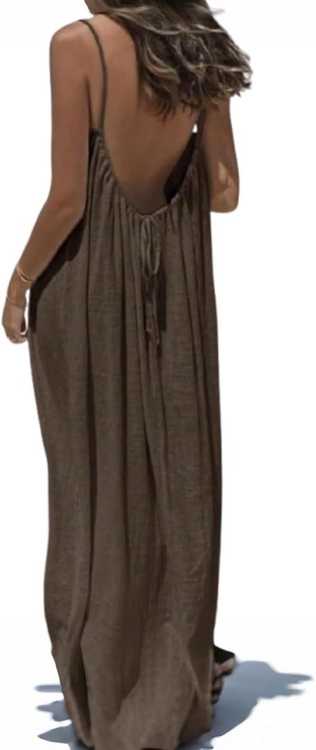 Womens Summer Casual Sleeveless Backless Cami Sundress 2026 Vacation House Dress (Brown)