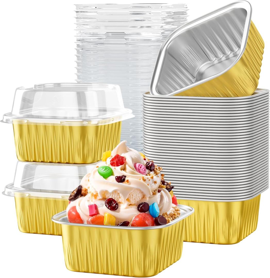 40 Pack 5 OZ Mini Cake Pans with Lids, Disposable Square Aluminum Foil Brownie Baking Cups, Mini Aluminum Foil Cupcake Muffin Tin Ramekins, Flan Molds Cake Containers for Wedding Birthday Party,Gold