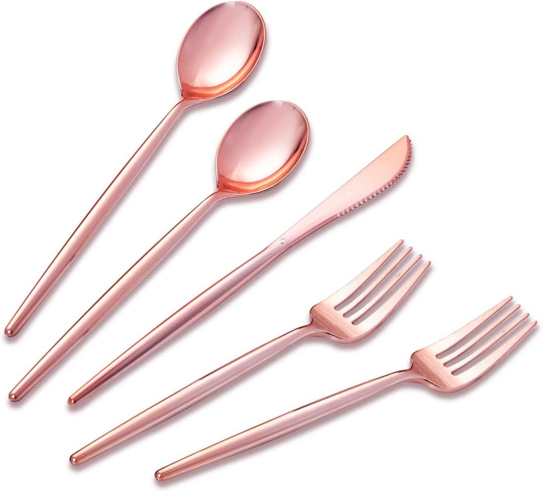 SUT 150Pcs Rose Gold Plastic Silverware, Disposable Cutlery Set, Heavy Duty Plastic Flatware SetDisposable Rose Gold Utensils Include 50 Forks,50 Spoons, 50 Knives Perfect for Party