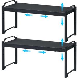25.5 Inches 2 Pack Expandable Cabinet Shelves, Stackable Shelf Organizer for Kitchen Cabinet Countertop Storage, Adjustable Counter Cupboard Pantry Organizer Shelf Rack Stand Riser, Black