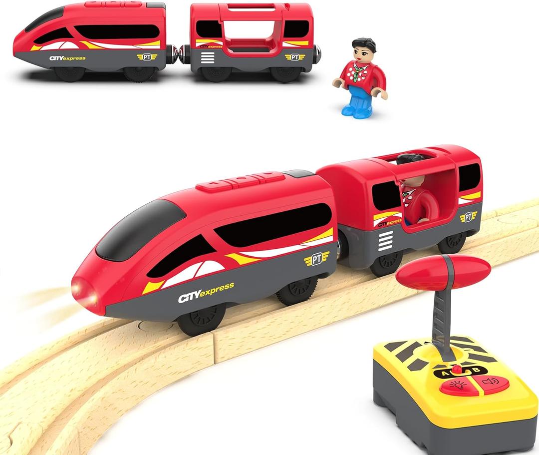 Remote Control Train for Wooden Track Battery Operated Locomotive with Opening Door, Action Figure, Lights & Sounds, Powerful Engine Compatible with Thomas & Brio, Gift for Toddlers 3+