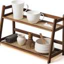 1 Pcs 2 Tier Matcha Station Shelf Bamboo Coffee Mug Stand Countertop Storage Rack, Double Layer Rattan Office Cup, Kitchen, Tea, Plant, Bar Accessories Condiment Display (Brown, 17.7 Inch)