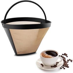Gold Coffee Filter Reusable #4 Cone Coffee Filters Basket Replacement fits Cuisinart/Ninja Coffee Makers and Brewers (1)