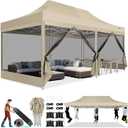 COBIZI 10x20 Canopy Tent, Heavy Duty Pop up Canopy with Sidewalls, Waterproof Easy Setup Canopy with Mosquito Netting, Outdoor Instant Screen Tents for Parties, Wedding with Roller Bag, Khaki