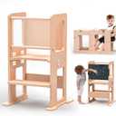 Toddler Tower Kitchen Step Stool with Chalkboard, 3-in-1 Learning Standing Tower, Convertible Kids Table and Chair, Wooden Kitchen Standing Stool with Safety Protective Net for Counter & Sink