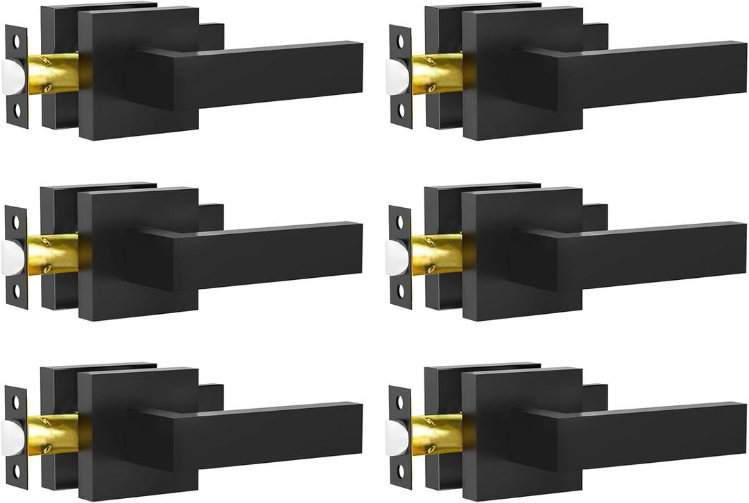 Passage Door Lever, 6 Pack Matte Black Interior Door Handles for Hallway and Closet, Heavy Duty Square Interior Keyless Door Handles Non-Locking Door Knobs for Right & Left Side Door