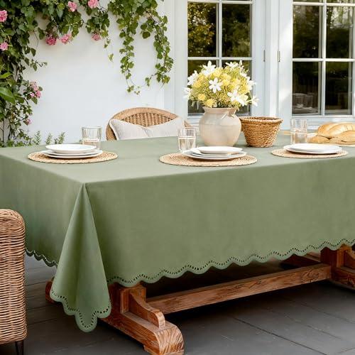 Olive Green Rectangle Tablecloth Linen Textured Waterproof & Stain Resistant Outdoor Table Cloth Spring Decorative Scalloped Cutouts Farmhouse Table Cover for Dining, Parties and Camping, 52 x 70 Inch