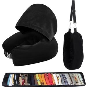 Stuffable Travel Neck Pillow with Hood, Soft Velvet Travel Neck Pillow Stuffable with Clothes, Adjustable Neck Size, Multifunctional Fillable Airplane Travel Neck Pillow for Extra Luggage (Black)