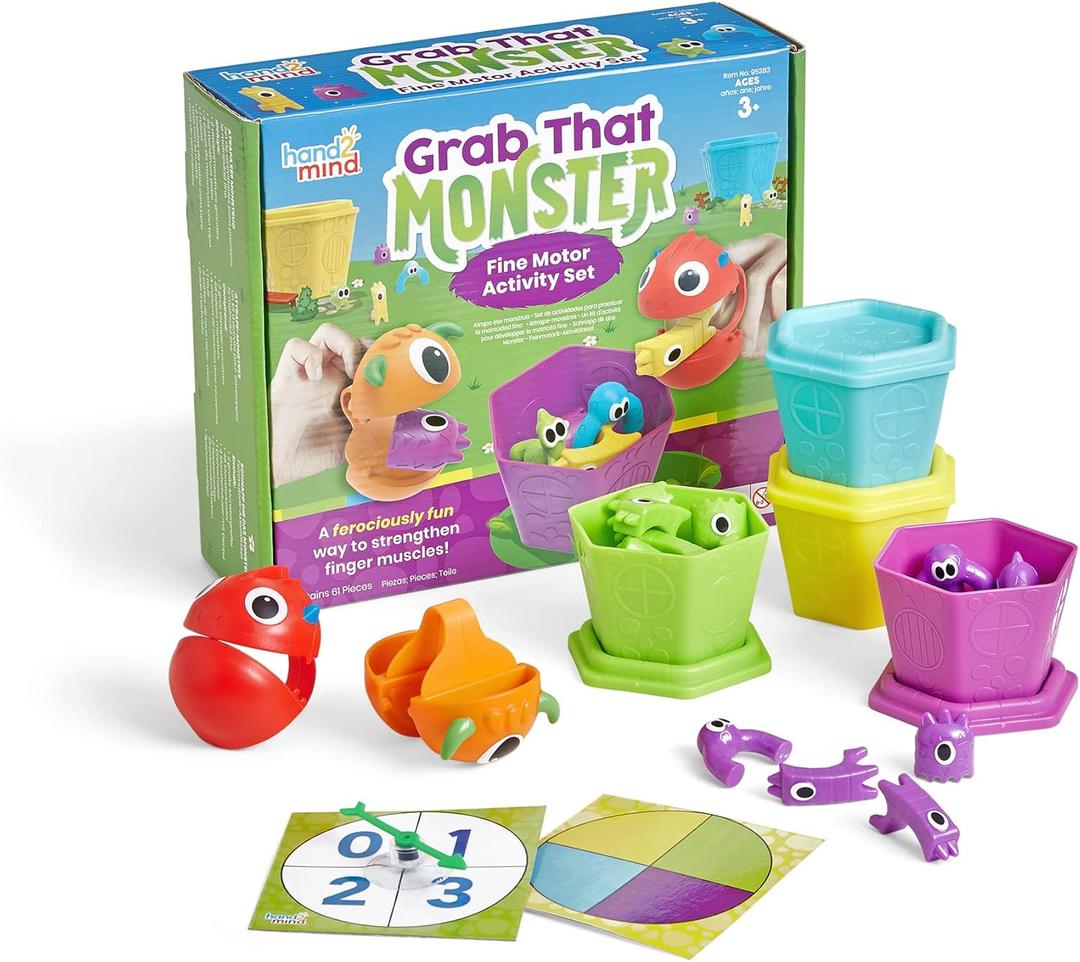 Hand2Mind Grab That Monster Fine Motor Activity Set, Occupational Therapy Toys for Toddlers 3-4, Pincer Grasp Toys, Play Therapy Games