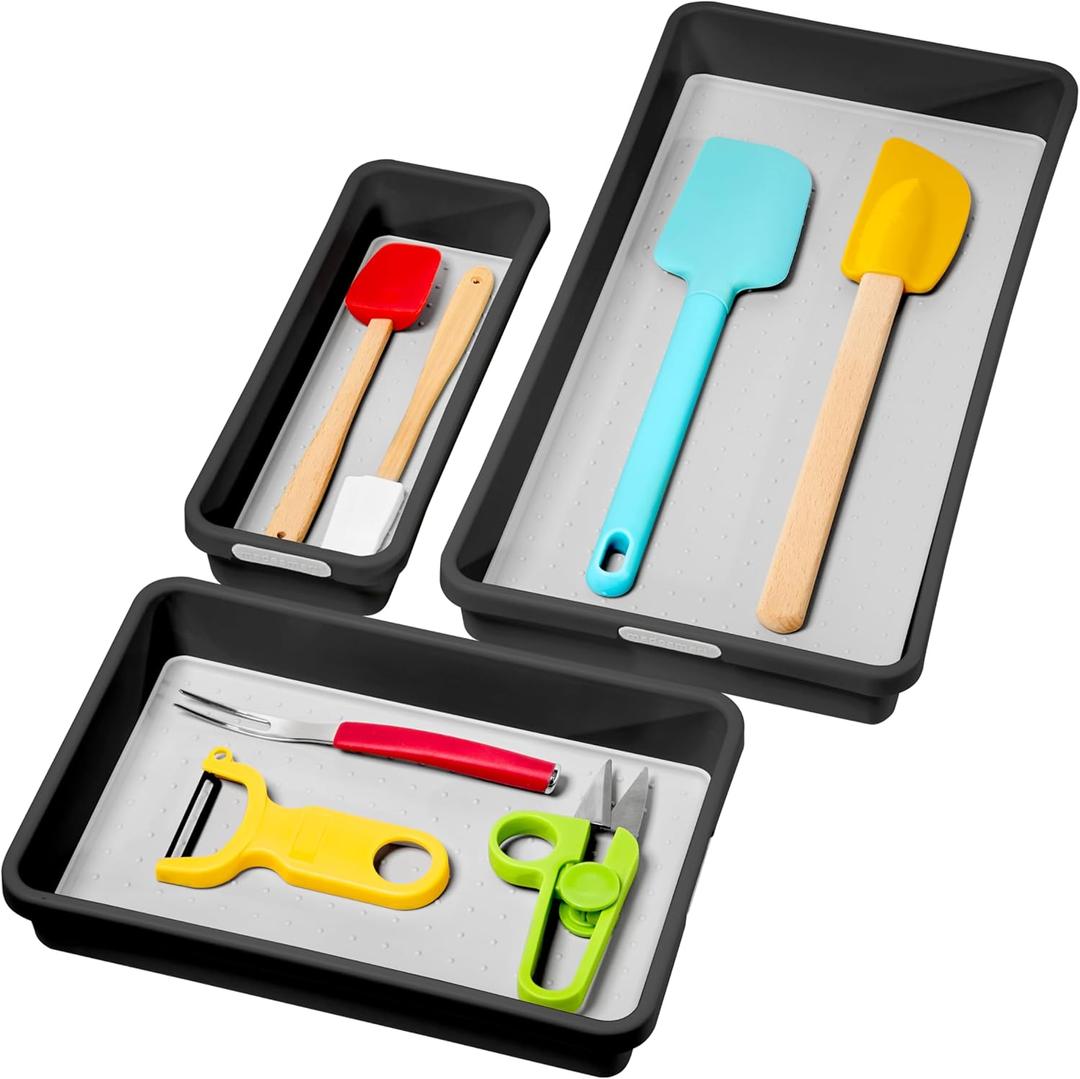 madesmart 3 Bin Pack, Kitchen/Office Drawer Organization, Rubberized Grip for Non-Slip, BPA-Free, Carbon/Light Grey