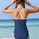 Girls Swimsuit Two Piece Cross-Back Straps Girls Tankini Contrast Trim Drawstring Girl Bathing Suit for Teens, 13-14Y