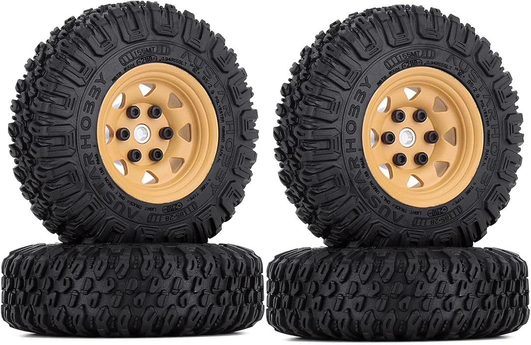 4PCS 1.55 inch Metal Beadlock Wheel Rim and 85mm Rubber Tire Tyres for 1:10 RC Crawler Car D90 TF2 Tamiya CC01 LC70 MST JIMNY 90069 (Yellow)
