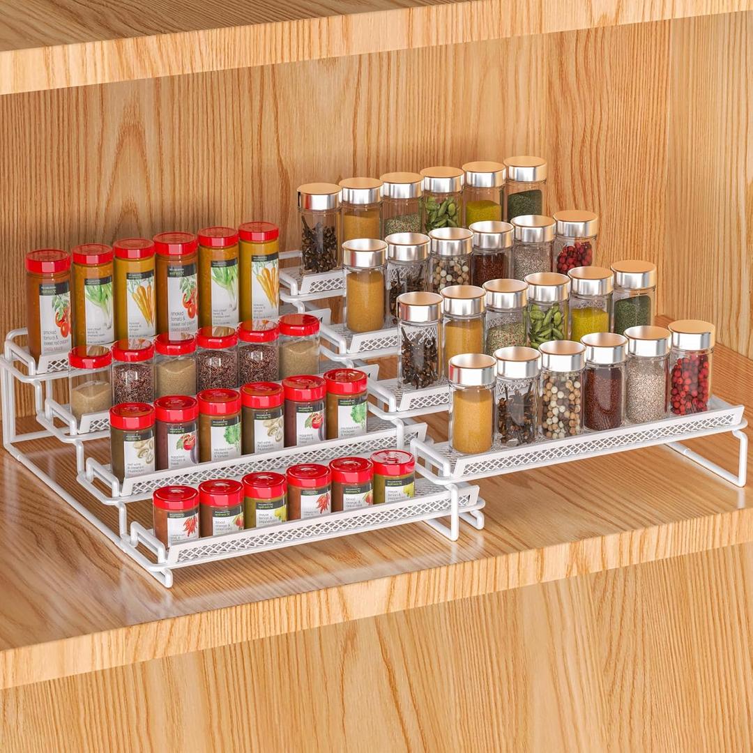 4 Tier Adjustable Spice Rack Organizer for Cabinet - White (2 PCS S&L) Expandable Spice Shelf with Protection Railing for Inside Cabinets, Countertop, Pantry Storage & Seasoning Organization