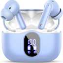 Wireless Earbuds, Bluetooth 5.4 Headphones Bass Stereo, Ear Buds with Noise Cancelling Mic, LED Display in Ear Earphones Clear Calls, IP7 Waterproof Bluetooth Earbuds for Laptop/Phones, Pale Blue