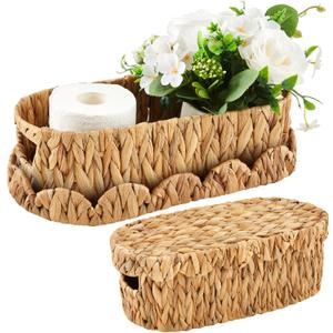 2 Pack Toilet Paper Storage Basket with Lid Two Water Hyacinth Woven Wicker Bathroom Organizer Farmhouse Boho Decorative Toilet Tank Top Holder Bath Accessories