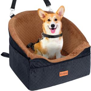 Vivifying Dog Car Seat for Small & Medium Dogs, Detachable & Washable Booster Seat for Pets Up to 30lbs, Travel Bed with Storage Pockets and Safety Belt Brown&Black