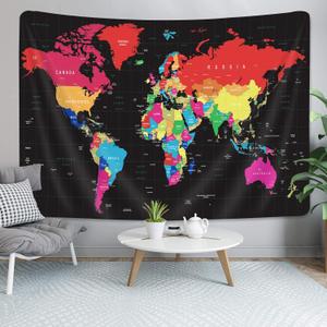 World Map Tapestry, Black Map of World Vintage Topography Educational Tapestries Posters for College Kids Student Dorm Wall Art, Colorful Geographical Travel Map for Bedroom Living Room, 60X50in (60L" x 50W")
