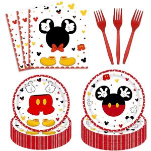 96 Pieces Red Mouse Tableware Set for Princess Happy Birthday Table Decorations Dessert Plates Napkins Forks for 24 Guests Boy Birthday Party Supplies