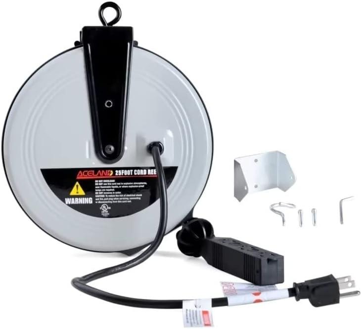 25ft Retractable Extension Cord Reel with 3 Electrical Outlets, 16AWG/3C SJTW Power Cord for Indoor & Outdoor Use, UL Listed (Grey)