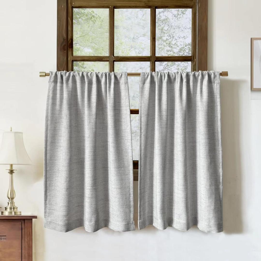 Faux Linen Kitchen Curtains 36 Inch Length Cafe Curtain Tiers for Living Room Basement Bathroom Windows Country Rustic Small Short Curtains, Set of 2, Grey