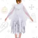 Girls Ghost Costume, 2 Pcs Dress Hooded Cape Suit for Kids Halloween Ghostly Phantom Dress Up Party 4-12 Years