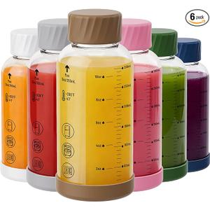 Sursip Glass Juice Bottles 6 Pack 12 oz – Wide Mouth Borosilicate Glass Bottles with Lids – Heat-Resistant, Leakproof, BPA Free, Reusable for Juicing, Smoothies, Milk, Protein Drinks, Water