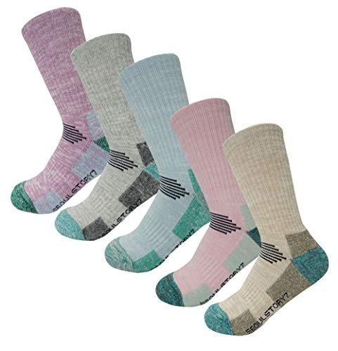 SEOULSTORY7 5Pack Women's Multi Performance Padded Hiking/Outdoor Crew Socks Year Round Design 5Pair Purple/Light Gray/Light Blue/Pink/Beige, Medium