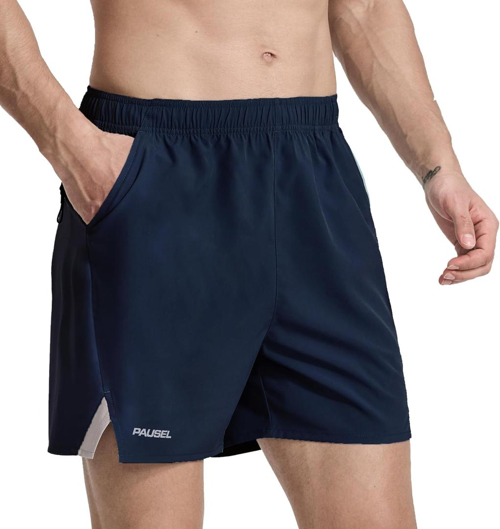 Men's Running Athletic Shorts 5 inch Quick Dry Workout Short Tennis Gym Shorts with Zipper Pockets Navy Blue L
