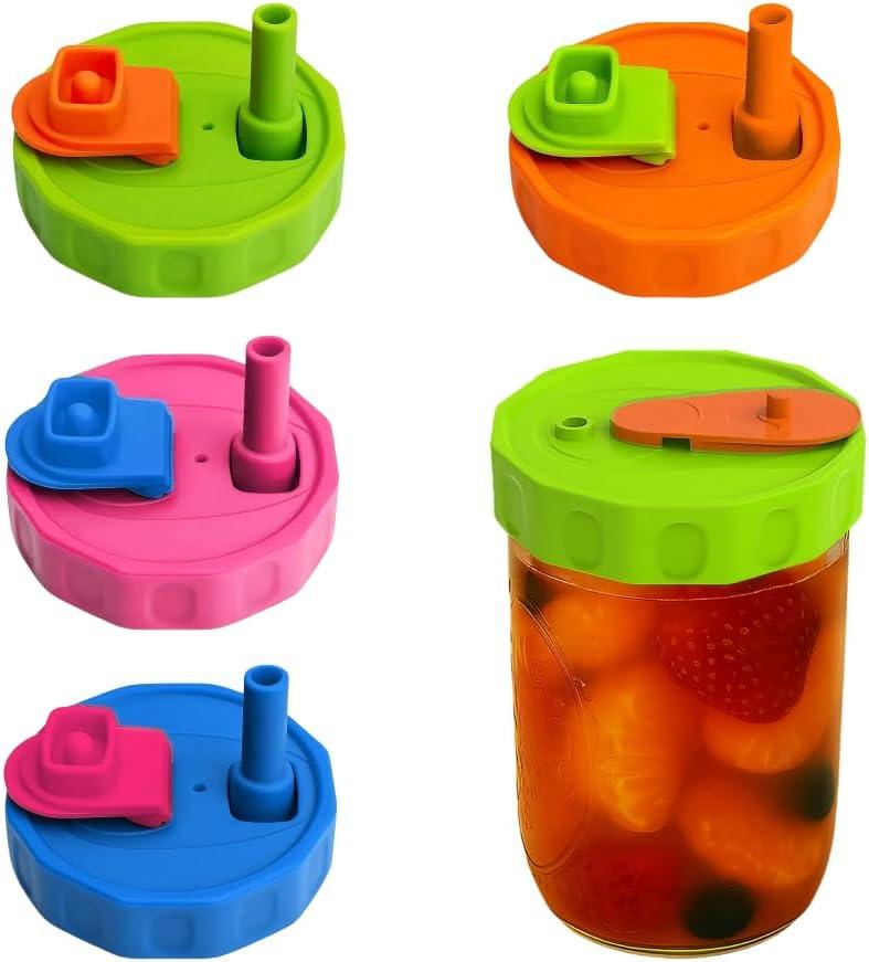4 Pack Silicone Wide Mouth Mason Jar Lids with Straw for Ball, Kerr and More,Food Grade Canning Jar Drinking Lids,Storage Caps for Mason,Leak-Proof