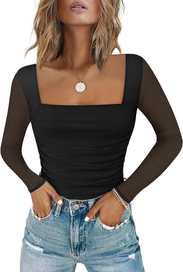 Chunpin Women's Mesh Square Neck Bodysuit Long Sleeve Going Out Tops Thong Bodysuits Outfits, Black, XL