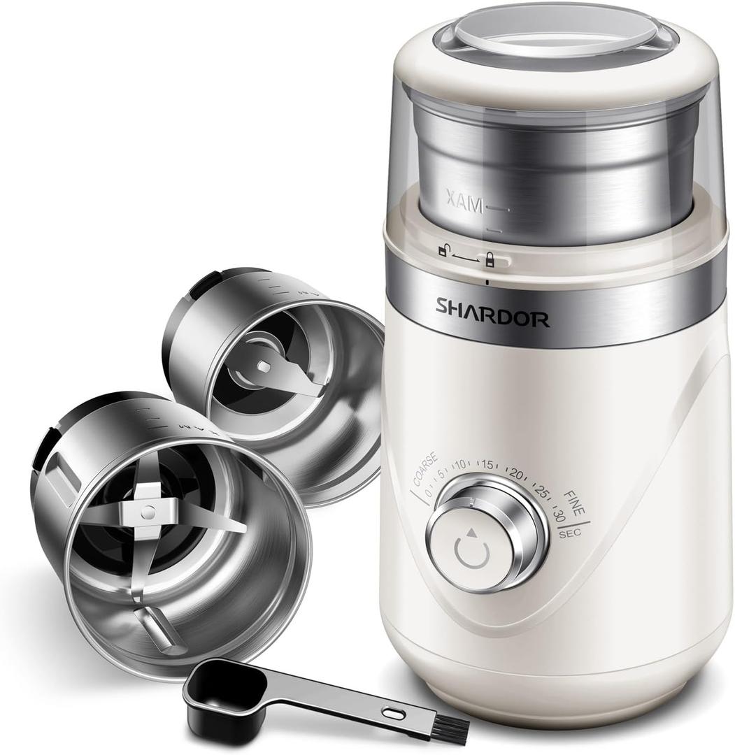 SHARDOR Electric Super Silent Blade Coffee Grinder, Timed Grind Control Rotary Knob, Adjustable Coarse to Fine for Coffee Beans, Spices & Herbs, with 2 Removable Stainless Steel Bowl, Cream