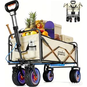 Electric Collapsible Garden Wagon Cart with Wheel, Rolling Foldable Metal Utility Wagon Carts,100w Power and 300lb Capacity, Portable for Camping, Sports, Shopping, Groceries, Laundry (Beige)
