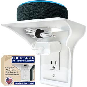 Storage Theory Power Perch Outlet Shelf with Cord Storage Strap  Bathroom Shelving for Alexa Echo Dot, Electric Toothbrush  Holds Smart Speaker, Cell Phone  Easy Installation (1-Pack, White)