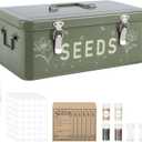 Seed Storage Organizer, Seed Saving Box with Lid, Metal Seed Bin Seed Packet Container with 50 Seed Envelopes 60 Transparent Bottles 1 Funnel 1 Marker Pen 4 Compartments Box with Locks, Green