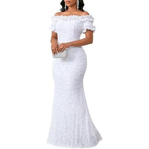 dasmzper Women Sexy Sequin Off Shoulder Ruffle Short Sleeve Bodycon Mermaid Party Formal Evening Maxi Dress