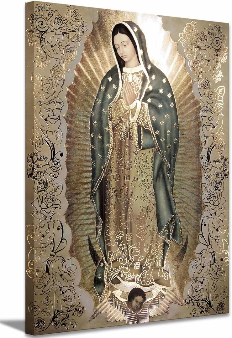 Large Framed Our Lady of Guadalupe Portrait Canvas Wall Art Decor Virgin Mary Wall Art Virgen De Guadalupe Cuadros De La Virgen De Guadalupe Poster Prints Pictures Artwork Painting Sculpture Catholic (24"L x 36"W, brown)