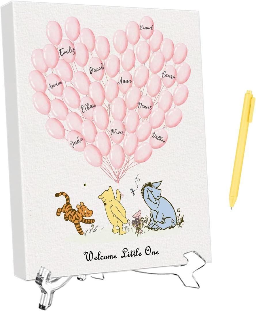 Shower Guest Book for Girls, Winnie Baby Shower Decorations, the Pooh Birthday Decor for Girl, Included 1 pen and 1 Canvas Sign