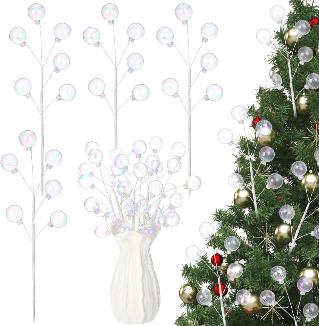 Norme 6 Pcs 12 Inch Iridescent Christmas Tree Picks Christmas Ball Ornaments Sticks and Sprays for Wreath DIY Crafts Vase Filler Xmas Branches Tree Topper Home Stairs Decoration