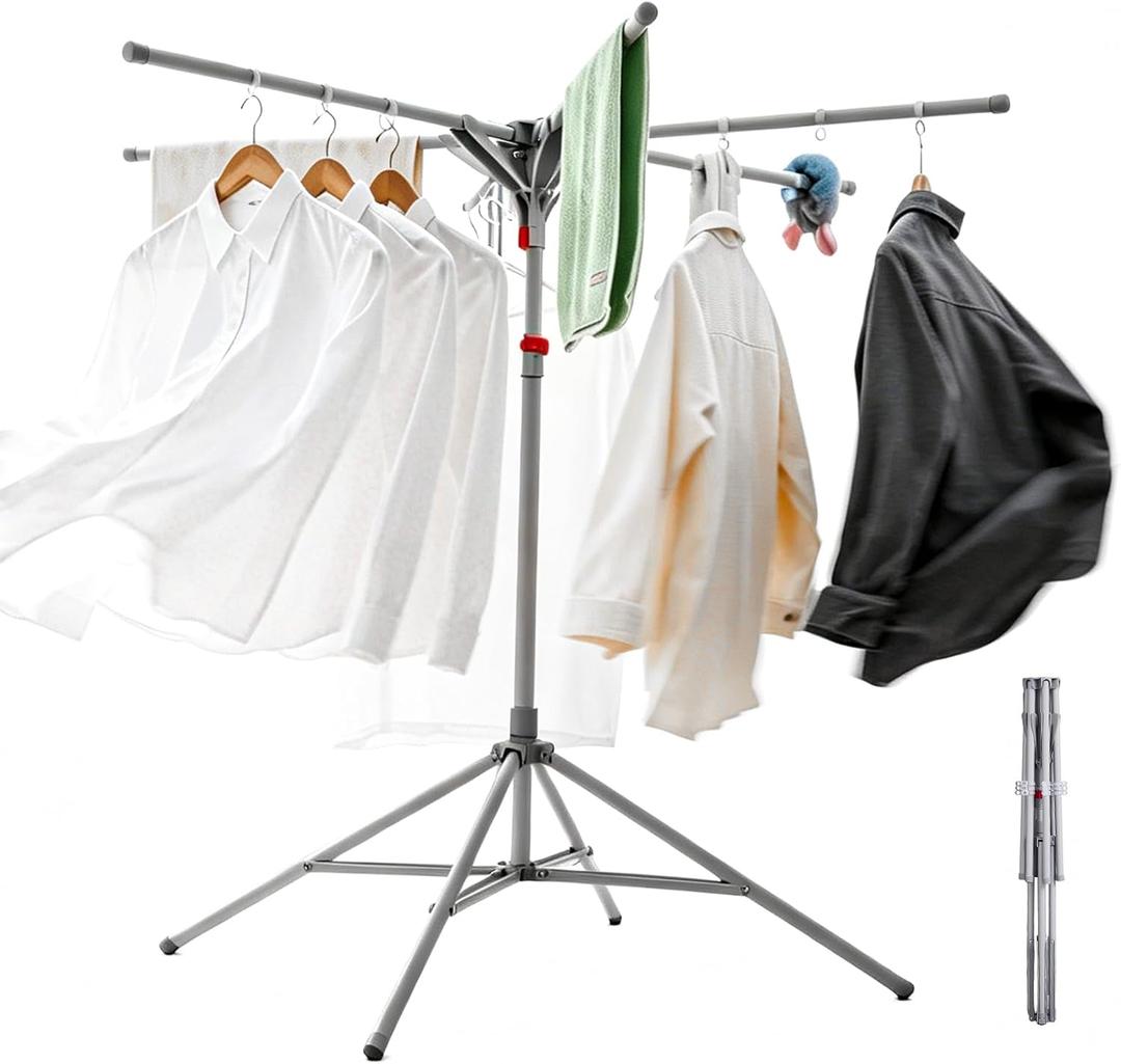 Adjustable Collapsible Umbrella Style Clothes Drying Rack, 4Legs6Telescopic Arms, Space-Saving Freestanding Laundry Airer with Windproof Clips, Easy Setup Indoor Outdoor (Gray-Carbon Steel)