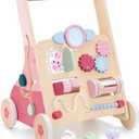 PairPear Wooden Baby Walker Push and Pull Learning Activity Walker, 8-in-1 Montessori Busy Board Push Walker Wooden Activity Center Toys for Boys and Girls 12m+ Pink Rabbit