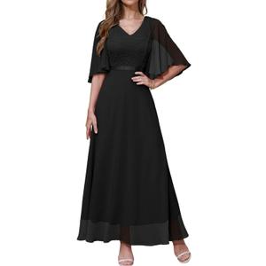 DRESSTELLS Formal Wedding Guest Dresses, 2026 Spring Bridesmaid Party Cocktail Evening Long Prom Lace Dress (Black, XXXL)